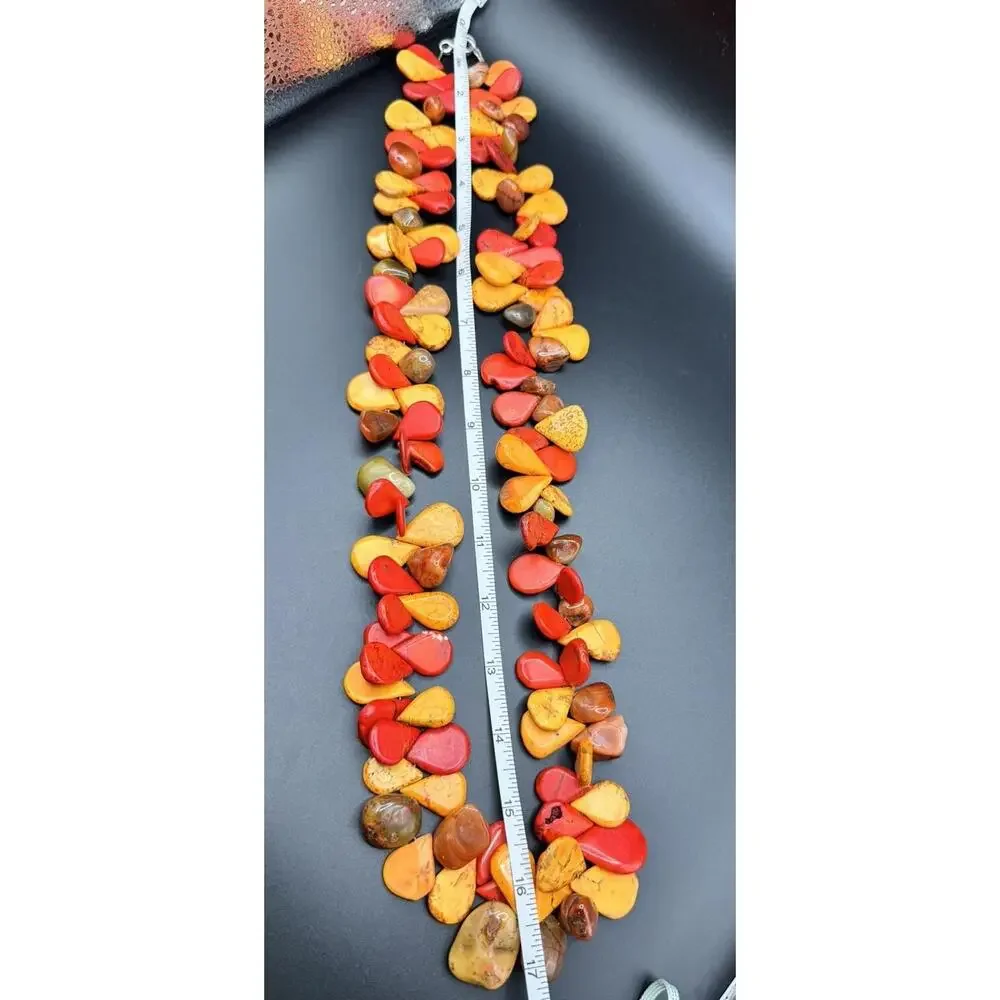 Artisan Statement Necklace Orange Red Dyed Teardrop & Natural Agate Silver Clasp